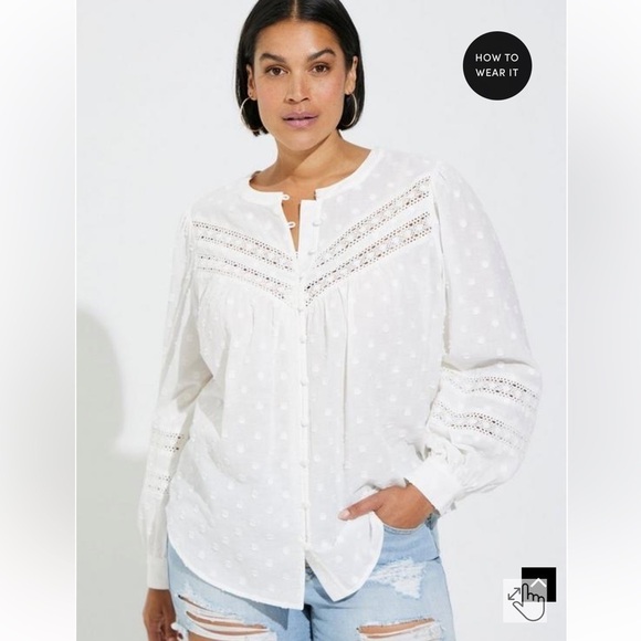 NWT Torrid Cotton Clip Dot Lace Trim Long Sleeve Top-White - Picture 3 of 3